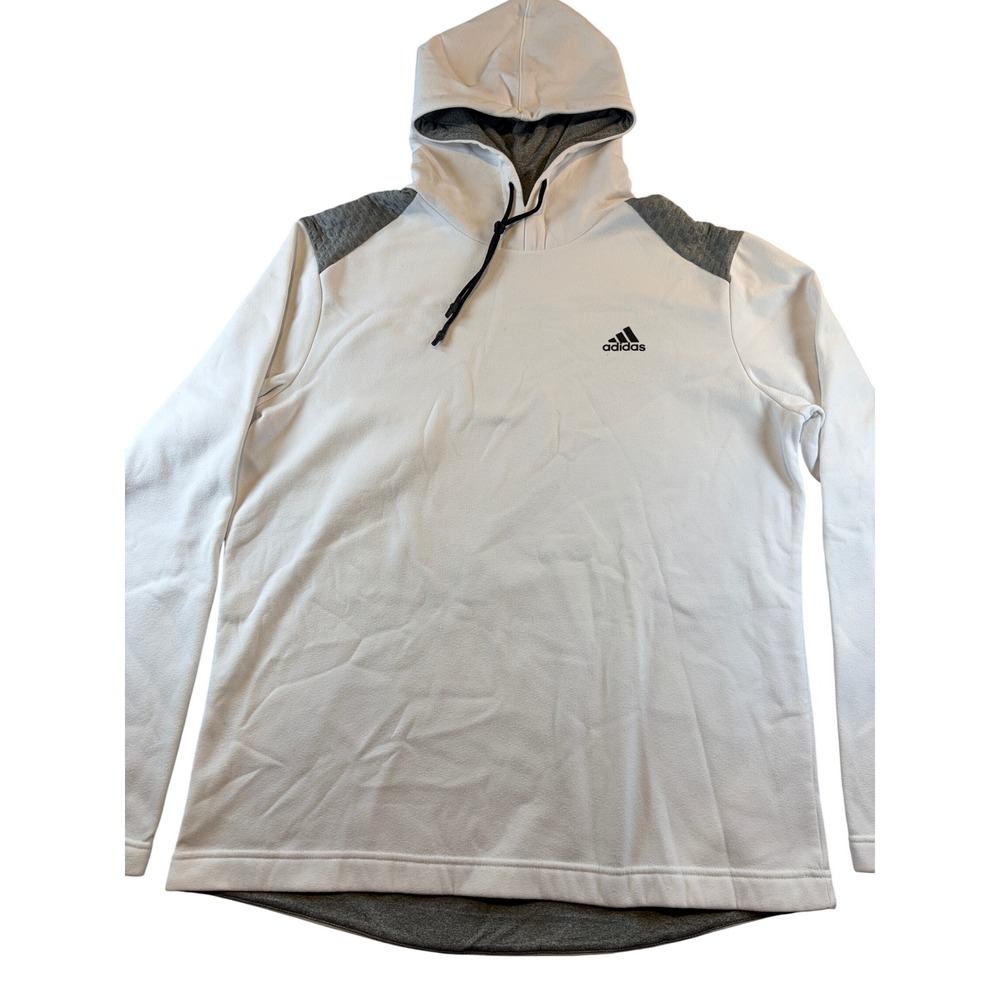 Adidas Golf Mens Large White Grey Long Sleeve Fleece Hoodie Pullover Sweatshirt